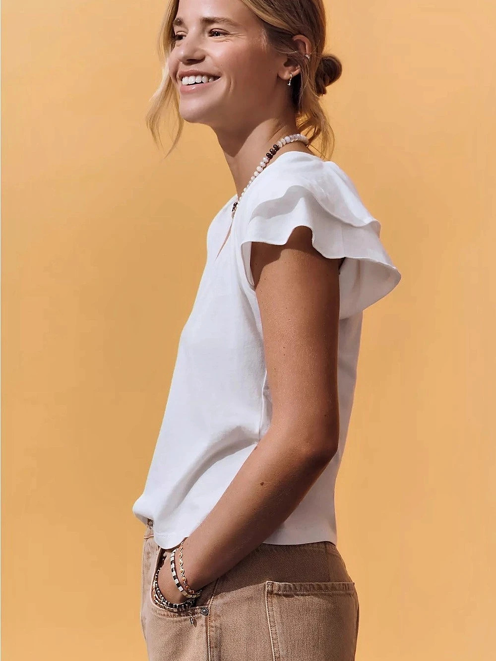100% Cotton Maeve Scoop-Neck Ruffle-Sleeved Tee White Small - Picture 3 of 5